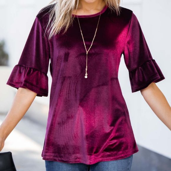 AMARYLLIS | Wine Velvet Ruffle-Accent Short-Sleeve Top (Size: Medium) - Picture 4 of 12